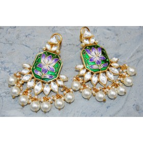 Lotus Green-Purple Enamel Pearl Diamond Dangler Earrings